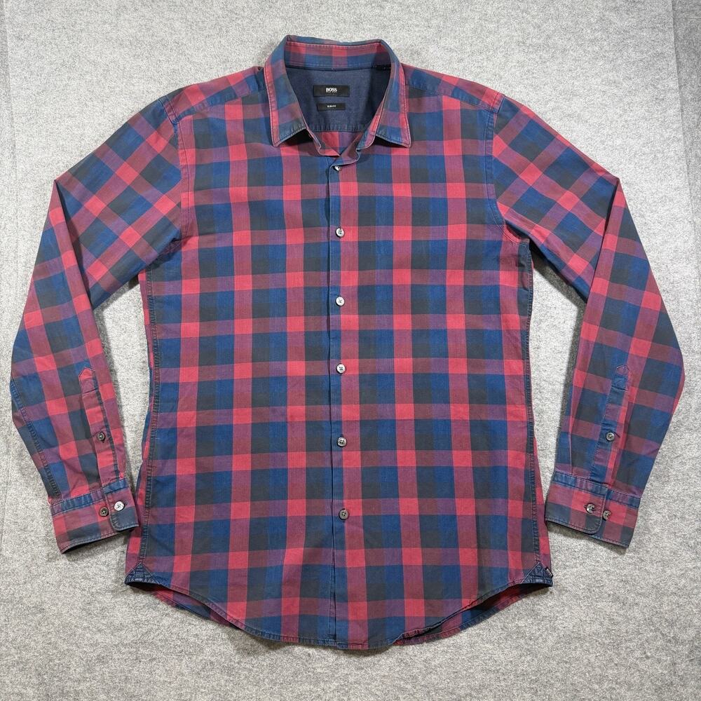 Hugo Boss Button Down Shirt Mens L Red Navy Plaid Slim Fit Long Sleeve Cotton